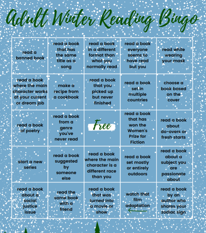BINGO-style board with rows and columns of book-related activities. There is a snowy, wintery theme to the design.