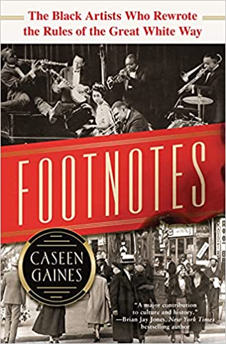 The text Footnotes in the middle of a red banner in the center of the book.  Jazz band above the banner and black citizens along an urban street