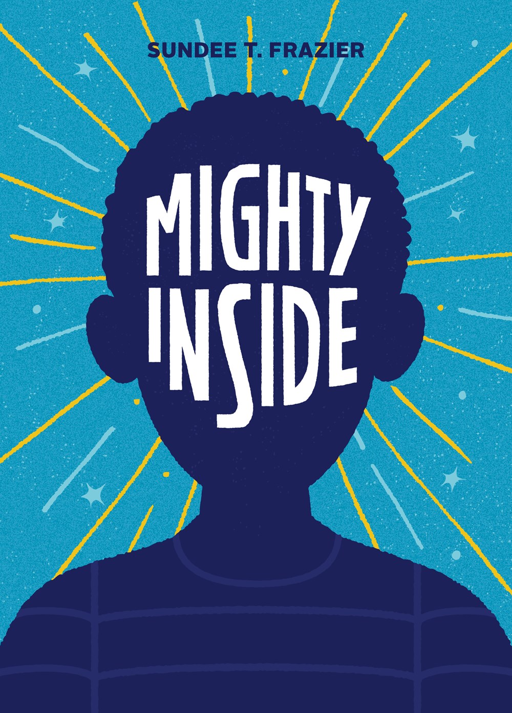 the silhouette of a Black boy against a medium blue background with light blue stars around his head