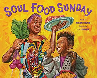 An older Black woman with short purple hair holds a handful of beets and a platter of meat; next to her a broadly smiling Black boy grates cheese