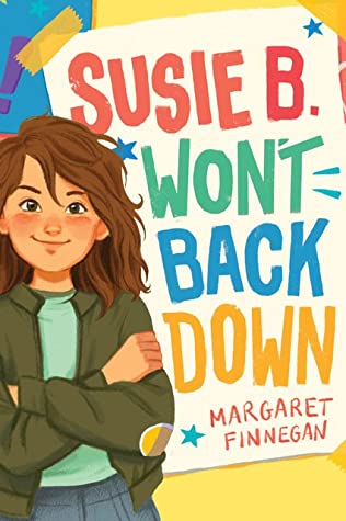A girl with her arms crossed stands in front of a taped up poster with the book title on it