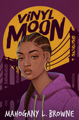 a Teen girl in a purple hoodie, wearing braids and gold hoop earrings is in the foreground. Behind her is the silhouette of a bridge and a large yellow moon.