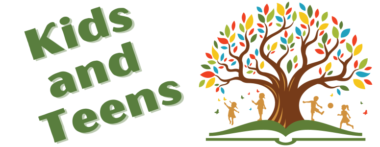 Kids and Teens graphic with tree and kids frolicing