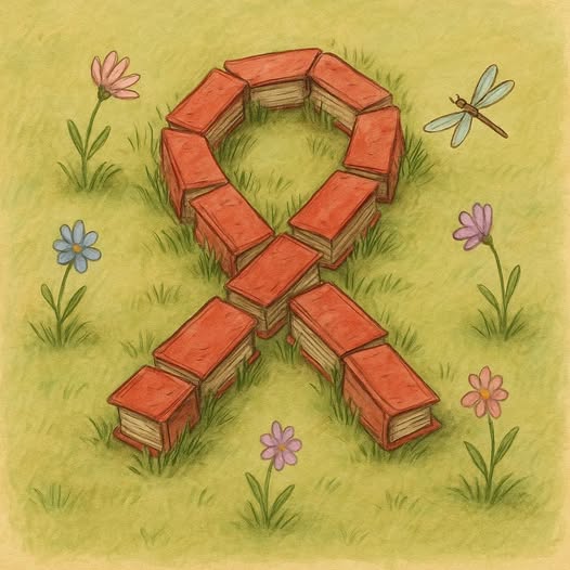 Red #chathamstrong ribbon, made out of books, lying in a field of grass with flowers.