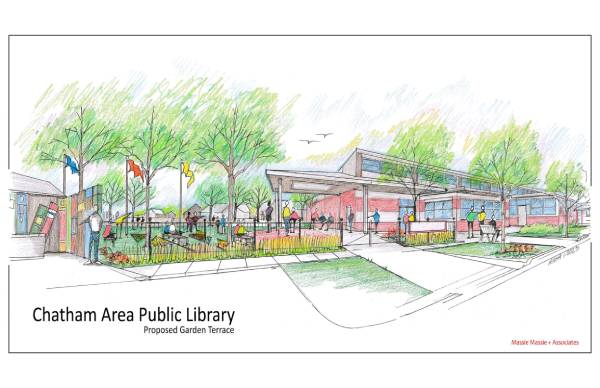 An artist's drawing of the planned Backyard outdoor area.