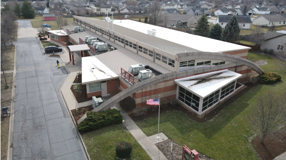 Aerial photo of the Chatham Area Public Library building.