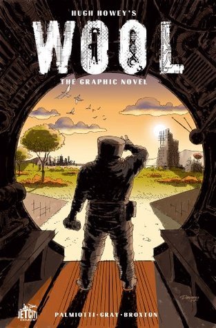 Book cover of Wool: The Graphic Novel by Hugh Howey shows a person in a hazmat suit looking out onto the horizon of grass and trees, and at other buildings in the background.