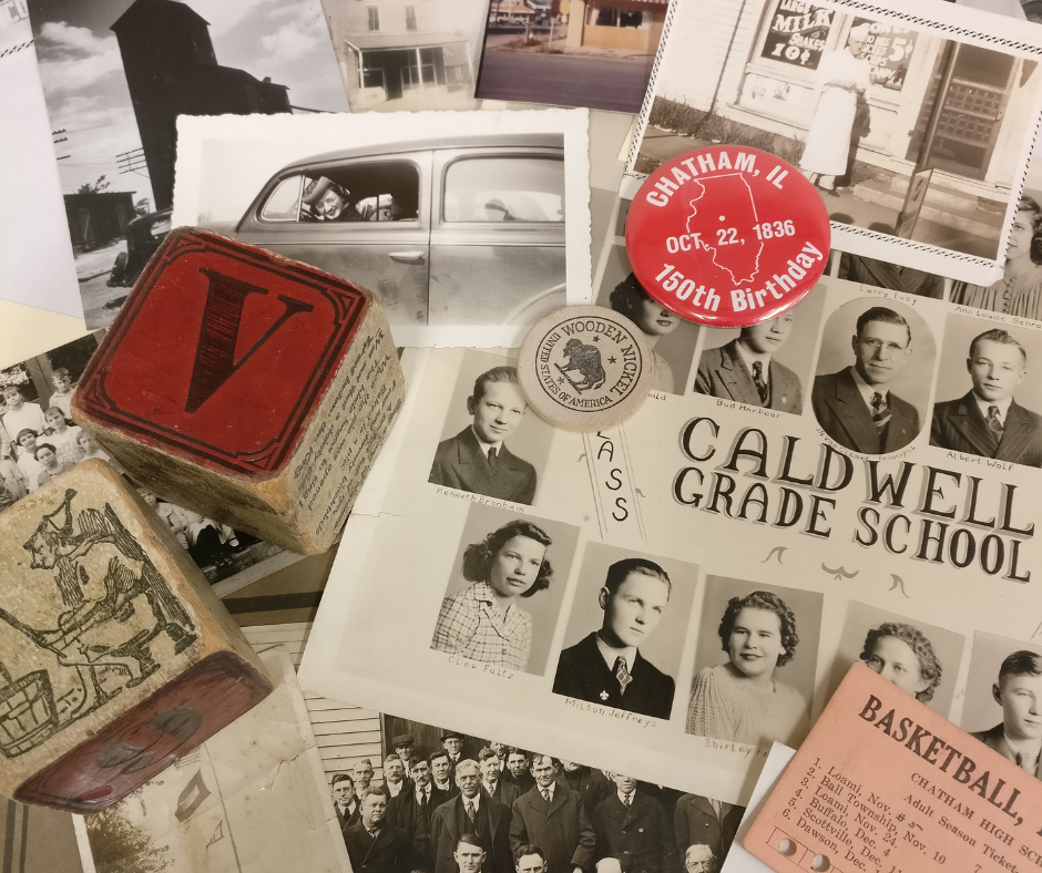 Collage of local history photos and 3D items from archive