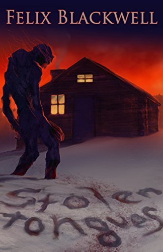 Cover of book shows a figure standing in snow. Written in the snow is the title, with blood splatters around it. In front of it is a cabin with the light shining through two windows.