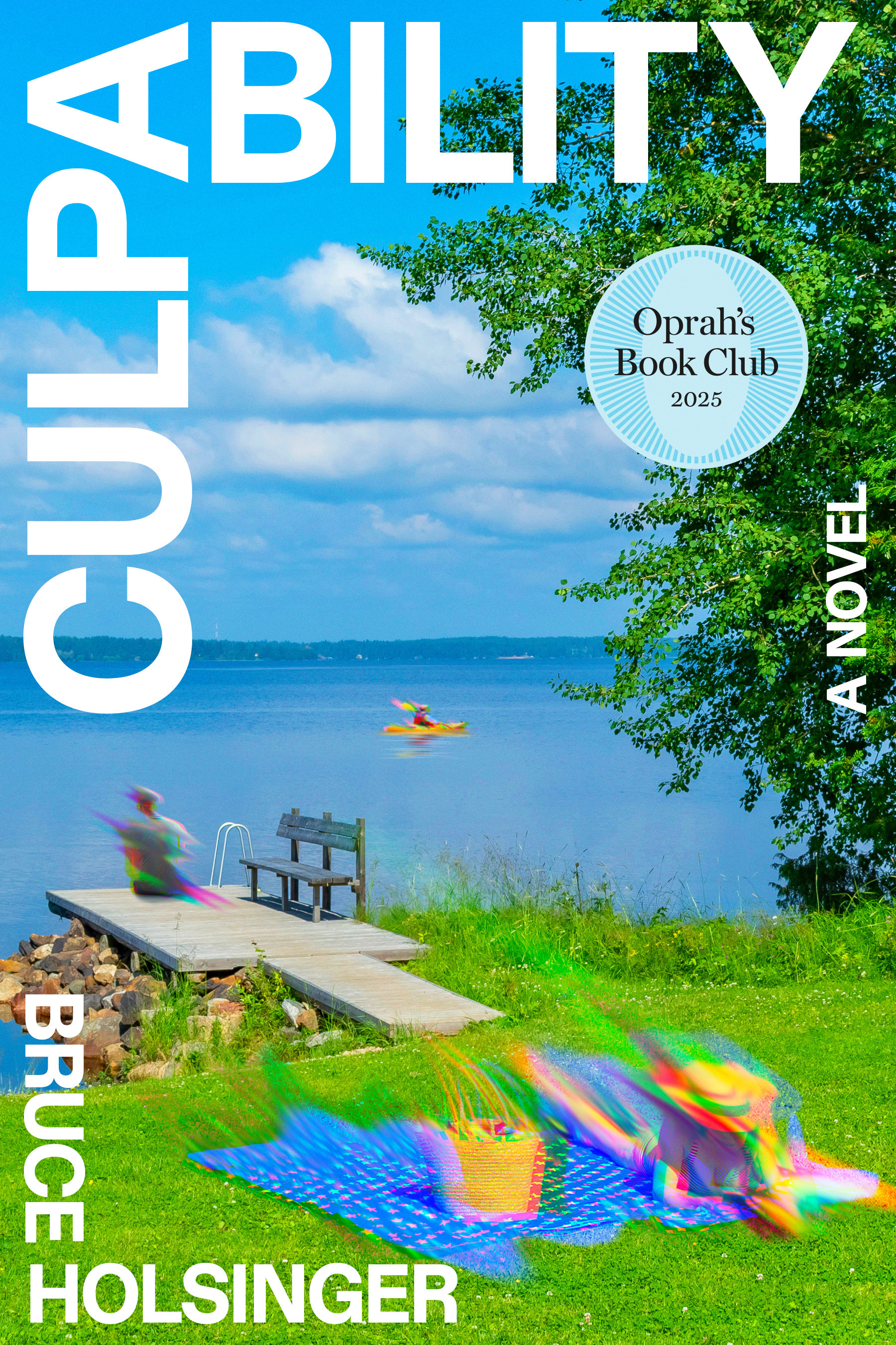 Cover shows a yard with a dock into a lake. One person lays on a blanket in the yard, another on the end of the dock, and the last one on a paddle board in the lake.