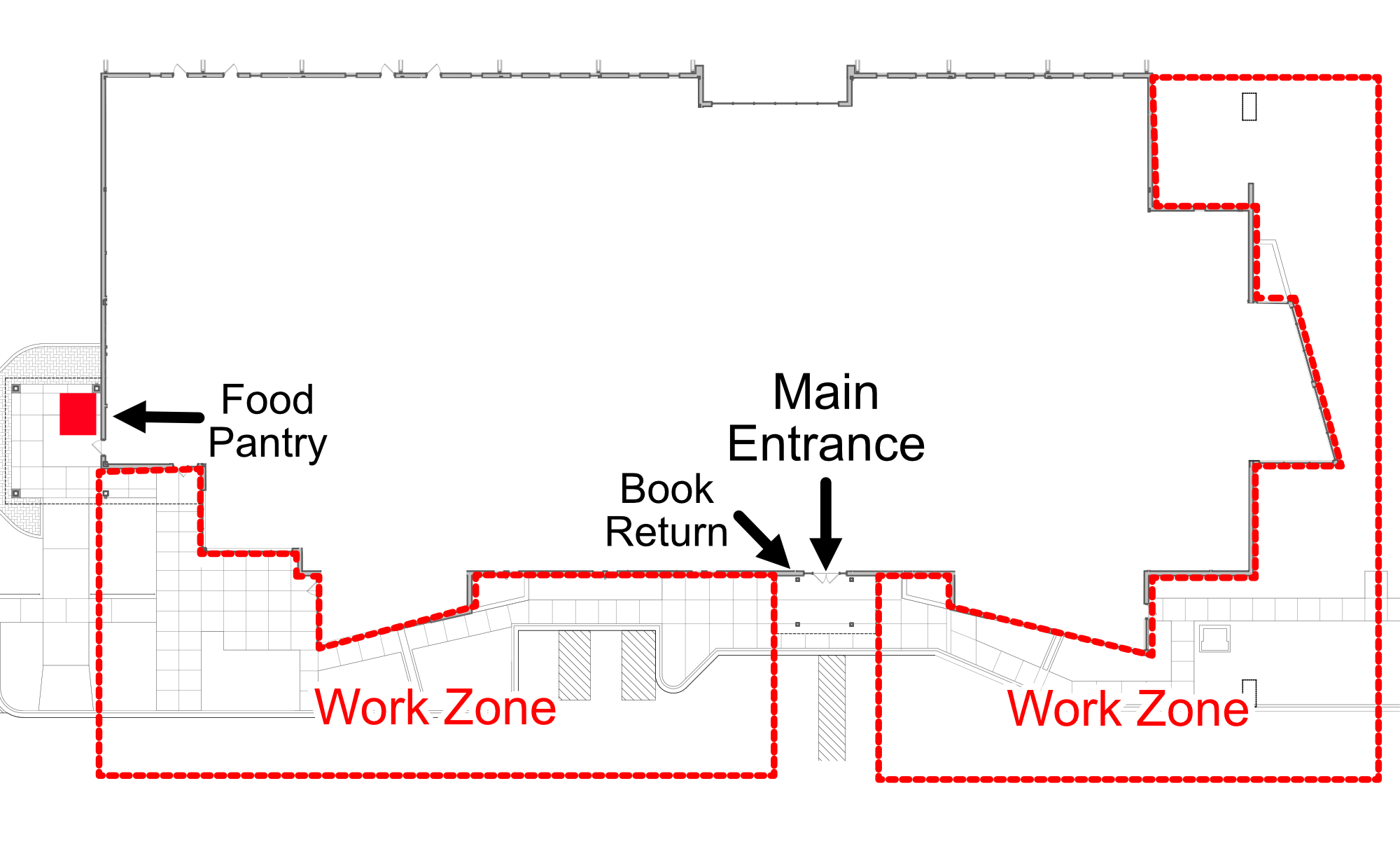 Map showing the work zones around the library, and the location of the main entrance, book return, & food pantry.