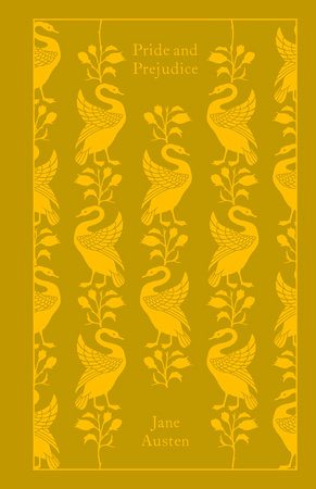 Book cover of Pride and Prejudice by Jane Austen. Shows multiple swans in a row, with leaves in between connecting them, on a yellow/green background.