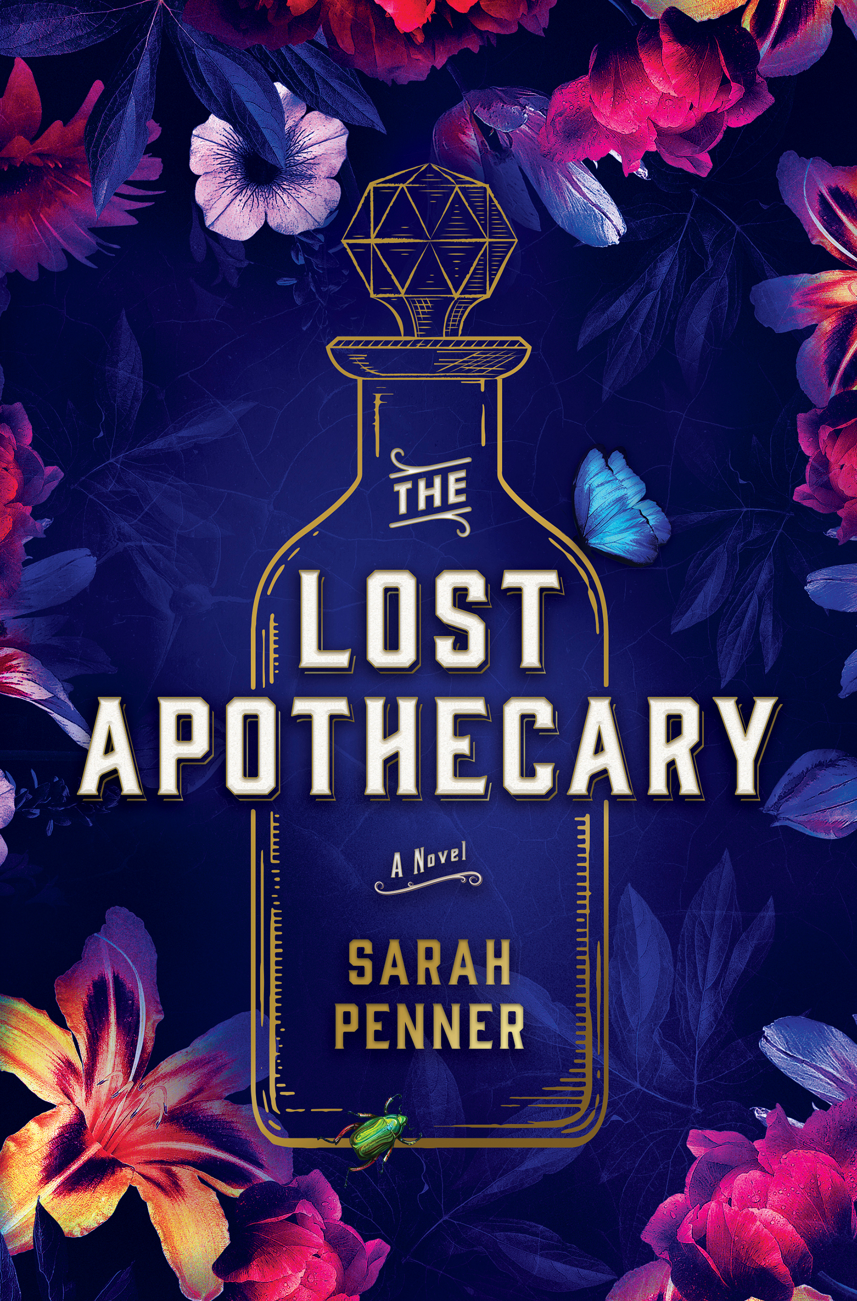 book cover of The Lost Apothecary silhouette of a bottle jar with a purple floral background