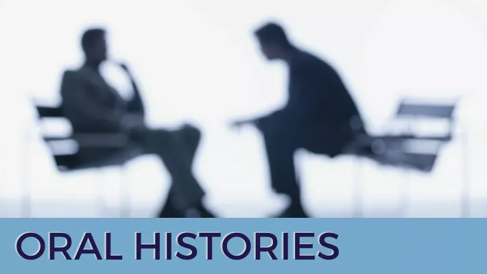Two silhouettes are sitting down, one interviewing the other. Below them text reads &quot;Oral Histories&quot;