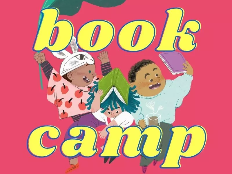 Book Camp. Illustration of several children jumping with books in their hands