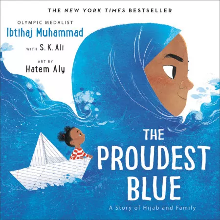 A girl in a blue hijab that turns into an ocean, while another girl is on a boat on the ocean a